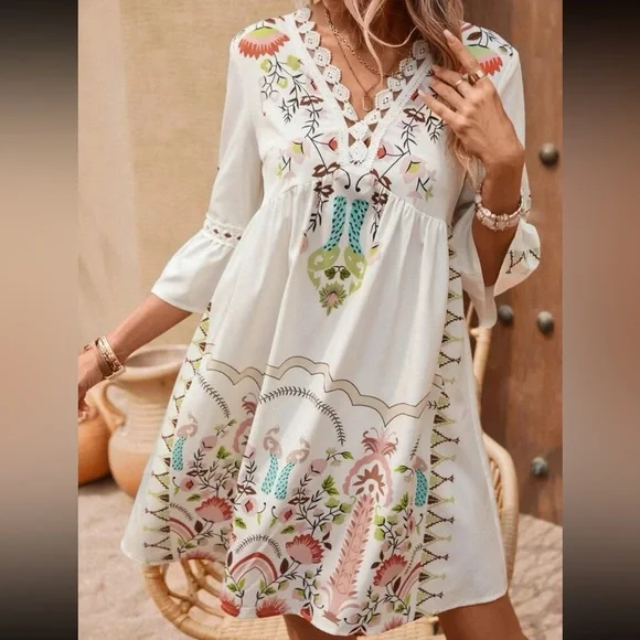 Boho Floral Peacock Print Guipure Crochet Lace Flounce Sleeve Dress - Picture 6 of 6